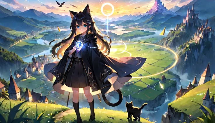 (masterpiece, best quality, very aesthetic, absurdres,general) , 1girl, solo, very long black wizards cloak, shot wizards trousers,very shot skirt:1.2),The girl is using magic,Glowing triangular magic circle,,cute girl、Girl with clear eyes、Straight long ha...