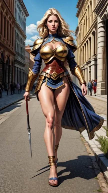 (8K, Best Quality: 1.2), (Masterpiece: 1.37), (american comics: 1.37), (Ultra High Resolution), Full Body Shot, Perfect Female Body, 8K, Ultra Detailed, Walking Pose, Shot from the Front, Slow Motion, 21-Year-Old Female Paladin (Richly Decorated Armor, Big...