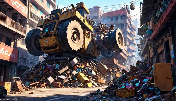 Throwing things around, piles of mechanical junk, junk, chaos.