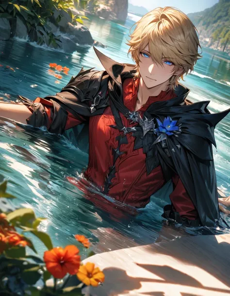 absurdres, highres, ultra detailed, HDR, master piece, best quality, Joshua Rosfield, blond hair, expressive blue eyes, 1man, handsome, Final Fantasy XVI, black cape, red leather shirt, water, summer, green leaves, flowers