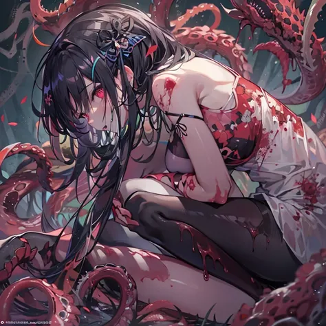 masterpiece, best quality, masterpiece,best quality,official art,extremely detailed CG unity 8k wallpaper, show foot, little girl, solo, kawaii, no_humans, medium hair, black hair, tentacle hair, saliva, blood on face, light blush, red eyes, blood from eye...