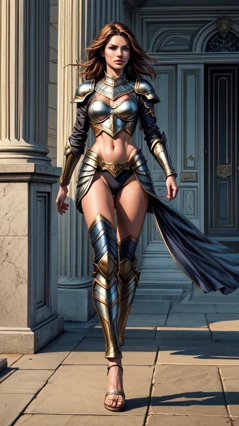 (8K, Best Quality: 1.2), (Masterpiece: 1.37), (american comics: 1.37), (Ultra High Resolution),(very sharp image),Full Body Shot, Perfect Female Body, 8K, Ultra Detailed, Walking Pose, Shot from the Front, Slow Motion, 21-Year-Old Female Paladin (Richly De...