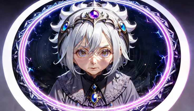 (masterpiece, best quality, very aesthetic, absurdres,general) , destroy,Cat ear,clear eyes,artificial intelligence,Glowing magic circle,(Shining old woman:3)