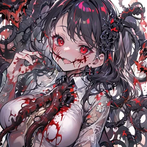 masterpiece, best quality, masterpiece,best quality,official art,extremely detailed CG unity 8k wallpaper, show foot, little girl, solo, kawaii, no_humans, medium hair, black hair, tentacle hair, saliva, blood on face, light blush, red eyes, blood from eye...