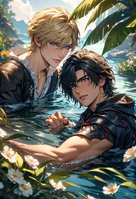 absurdres, highres, ultra detailed, HDR, master piece, best quality, Clive Rosfield, black hair, expressive blue eyes, Final Fantasy XVI, Joshua Rosfield, blond hair, expressive blue eyes, 2men together, gay couple, handsome, water, summer, green leaves, f...