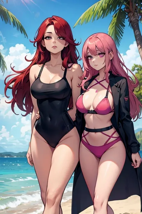 A pink haired woman with violet eyes and an hourglass figure in cool summer clothes is walking with a red haired woman with red eyes with an hourglass figure in cool summer clothes on the beach
