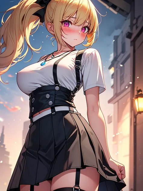  (highest quality, High resolution, perfect pixel, Depth of bounds written, 4K), detailed eyes, (from below), (1 girl), perfect body, large breasts, blond hair, (side ponytail), white t-shirt, (v-neck), (black suspender skirt), necklace, (kneehighs), (stan...