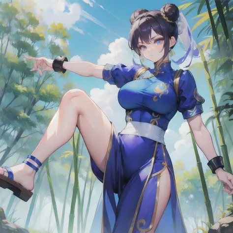 una mujer, Chun Li, athletic body, Bamboo forest in the background, vestido chino azul