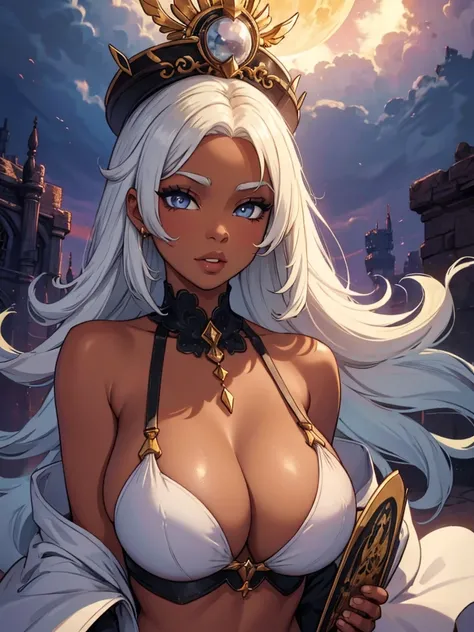 The Goddess of the Sun, dark skinned, full lips, tall, elegant, huge breasts