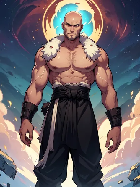 The God of Earth, jotun, fur, giant, bald, no hair, glowing eyes, pants, sash