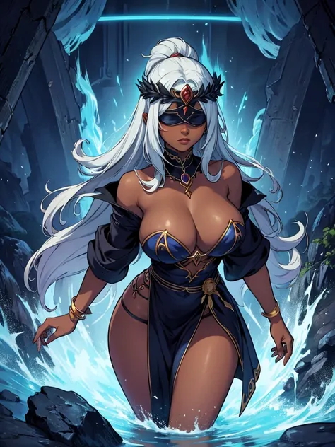 The Goddess of Magic, very dark skin, robes, blindfold, deep cleavage