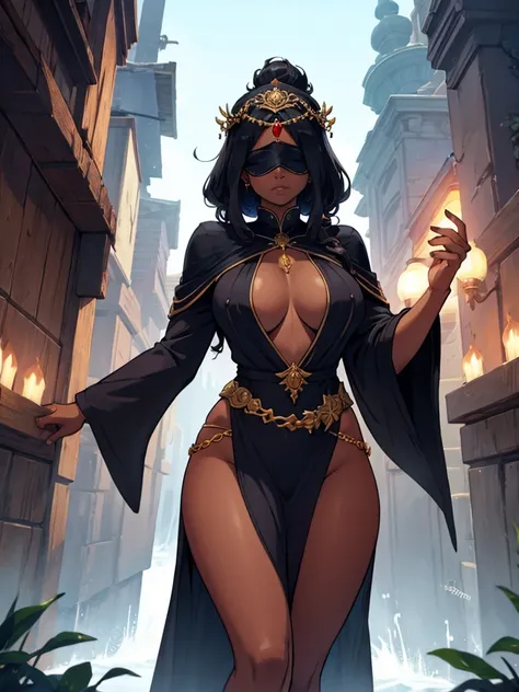 The Goddess of Magic, very dark skin, robes, blindfold, deep cleavage