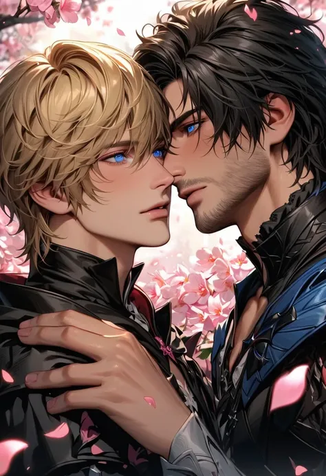 absurdres, highres, ultra detailed, HDR, master piece, best quality, Clive Rosfield, black hair, expressive blue eyes, Final Fantasy XVI, Joshua Rosfield, blond hair, expressive blue eyes, 2men together, gay couple, handsome, pink petals, pink butterflies,...