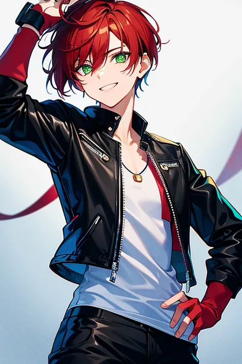 An androgynous young man with short red hair cut above his shoulders and with green streaks here and there.。Wearing a black leather jacket、Smiling invincibly。