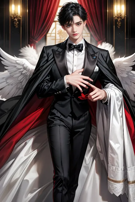 
masterpiece, 最high quality, high quality, 1 boy, alone, Male focus, Watching the audience,  Messy black hair, blue adorable big eyes, White, Noble, Noble, beautiful angel、Big Feather、He was wearing a tuxedo with a really big stand-up collar and a really b...