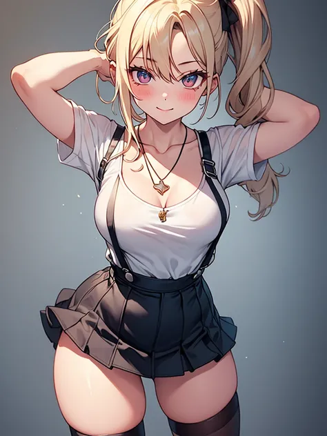  (highest quality, High resolution, perfect pixel, Depth of bounds written, 4K), detailed eyes, (1 girl), perfect body, medium breasts, blond hair, (side ponytail), white t-shirt, (v-neck), (black suspender skirt), necklace, (kneehighs), (standing), leanin...