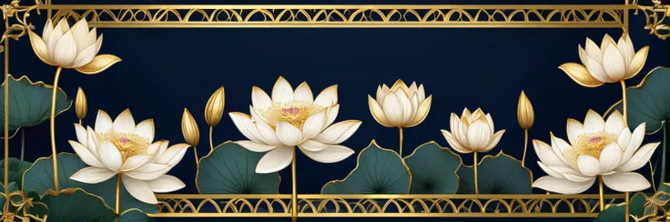 Dark Navy Background　Surrounded by lotus flowers and a gold gothic frame　An illustration