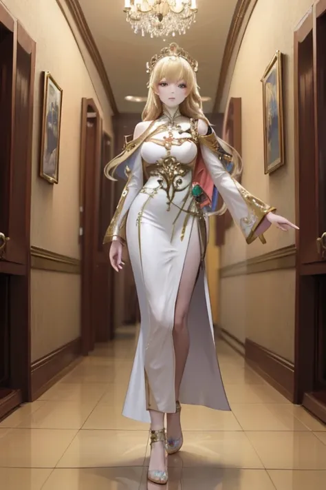 A woman in her fifties wearing a gold dress standing in a hallway, Villain Cyborg movie still, Jackie Tsai Style, Human Soldier, pistol, Inspired by Tang Sin Yun Sandara, Shooting with anamorphic lenses, syndicate(2012), beauty pageant rendering, Library o...