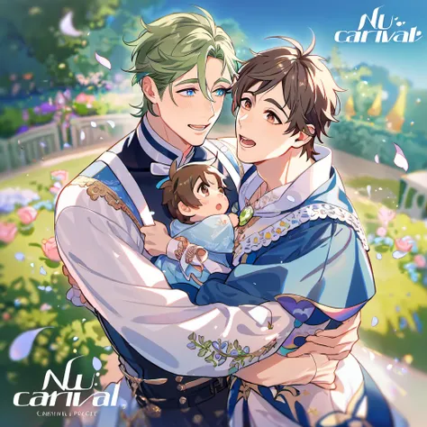 absurdres, highres, ultra detailed, HDR, master piece, best quality, Olivine, green hair, expressive blue eyes, Nu Carnival, Eiden, brown hair, expressive brown eyes, 2 men together, holding a baby, gay couple, petals, garden, fantasy clothes