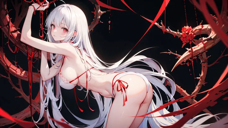 individual，masterpiece, Top quality, Very detailed, Unity 8K Wallpaper，Standing，Lean forward，yandere，yandere笑，Big breasts，White long hair，Royal sister，White Translucent Low-cut Lace Bikini，Blood，Blood red thorns，Long back pendulum，Blood-colored pupils，Bloo...