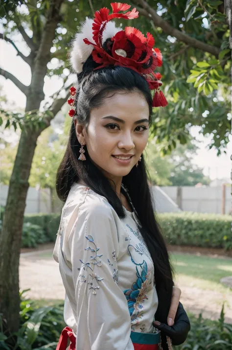 a chinese beauty，(Siamese transparent black silk)，happy，looking at the audience， Pretty Face, beautiful eyes, external, Upper Body， garden, trees, teeth, open one&#39;s eyes, Award-winning photos, best quality, Upper Body，Nikon d850 film stock photo 4 Koda...