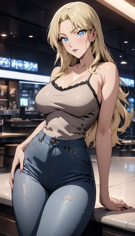 (best quality, highres, masterpiece:1.2), blonde hair, beautiful woman, detailed eyes, detailed lips, jeans, single figure, anime style