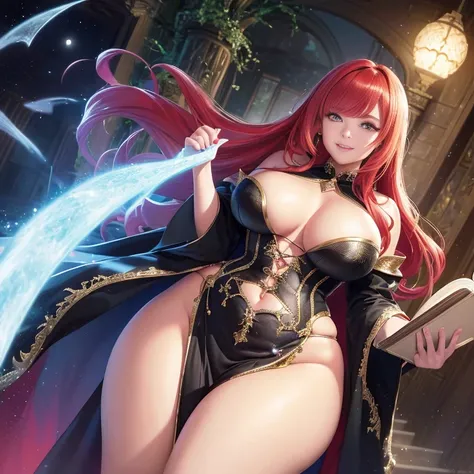 One anime girl, with a voluptuous figure, young and vibrant, boasts rich, fiery red locks cascading down her back. Her perfect body, illuminated by the soft glow of the moonlit background, is clad in a magical robe that shimmers with intricate details. Her...