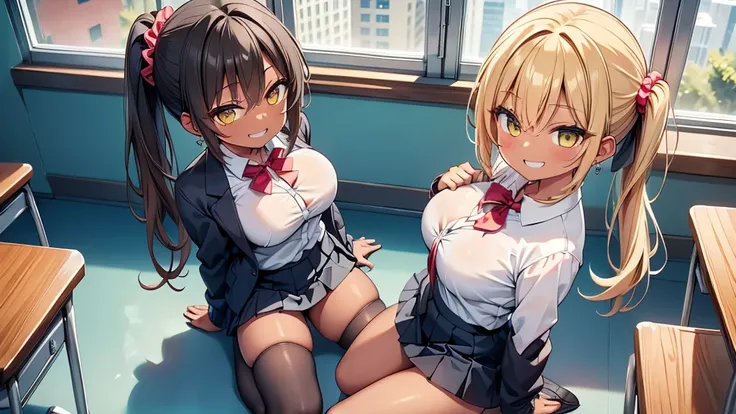 (8K、Best image quality、highest quality、masterpiece)、Detailed face、1 girl、Improve、((Brown Skin:1.3))、blonde、Low Ponytail、Scrunchie、Yellow Eyes、Earrings、Wicked Smile、((Grin))、big breasts、((White collared shirt))、((Open clothes))、Cleavage、((Black pleated skir...