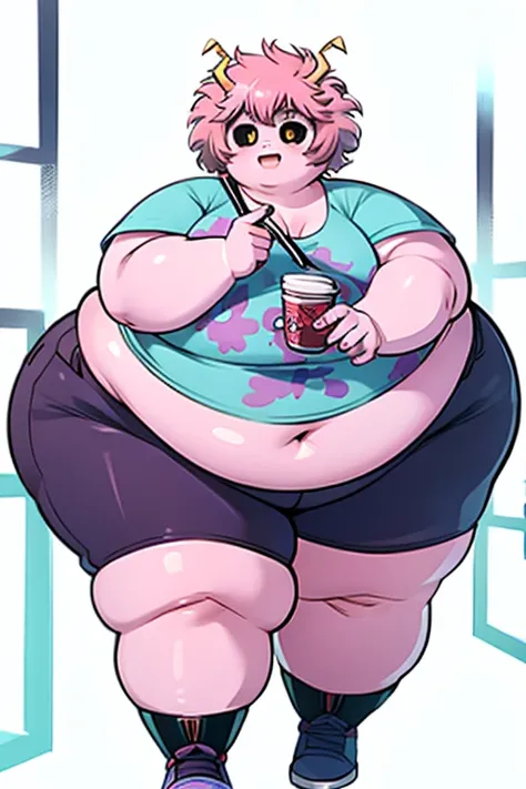 obese mina ashido, obese 1girl, solo, breasts, short hair, medium breasts, shirt, white background,fat belly, obese body, collarbone, yellow eyes, upper body, pink hair, short sleeves, horns, teeth, colored skin, blue shirtteeth, happy, colored sclera, emp...