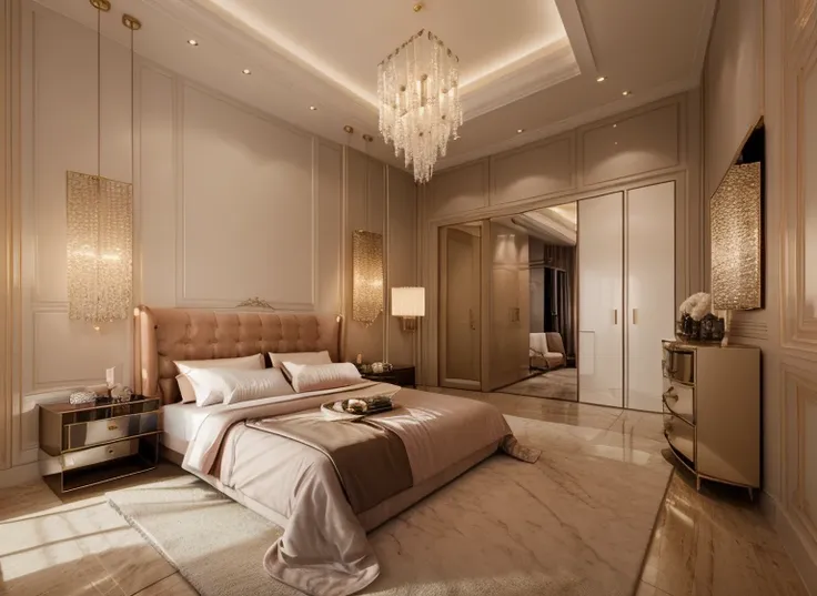 bedroom, interior, luxury interior, masterpiece, high quality, realistic, elegant, nice indoor lighting, vivid color scheme,