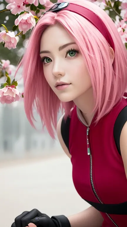 Obra maestra de alta calidad, sakura haruno, Una mujer de anime con cabello rosado y ojos verdes, sakura haruno, Estilo de arte digital, high resolution, ARTE realista, sakura haruno, Harunos Sakura, Solo, 1 chica, cabellos largos, pelo largo, Reina de las...