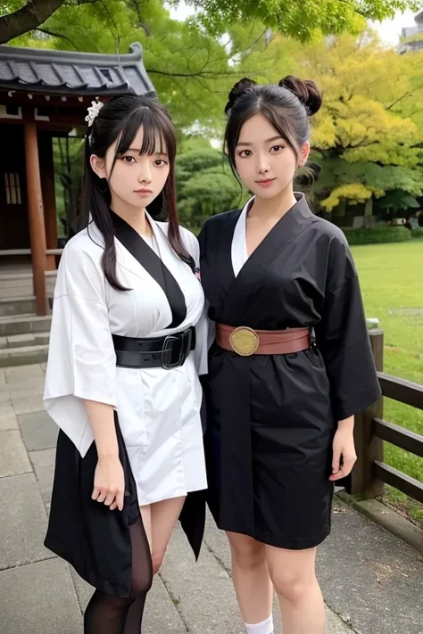 ((masterpiece,highest quality)),Two Girls, black kimono, black legwear, black ribbon, Black Hair, cherry blossoms, Day, flower, Hair Bun, hair ribbon, kimono, kimono, Long Hair, View your viewers, Recall , Multiple Girls, belt, Outdoor, Red eyes, Redhead, ...