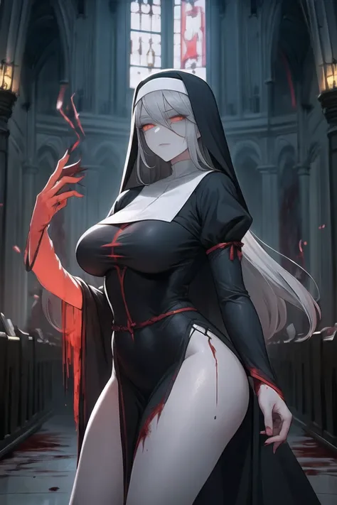 Grey skin, blood habit, nun, rare, cursed maiden, goddess armor, beautiful woman, long silver hair, red glowing eyes, grey skin, black wings, church ruins,