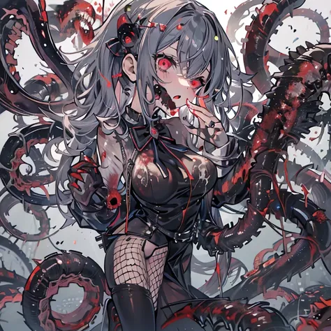 masterpiece, best quality, masterpiece,best quality,official art,extremely detailed CG unity 8k wallpaper, show foot, little girl, solo, kawaii, no_humans, medium hair, black hair, tentacle hair, saliva, blood on face, light blush, red eyes, blood from eye...