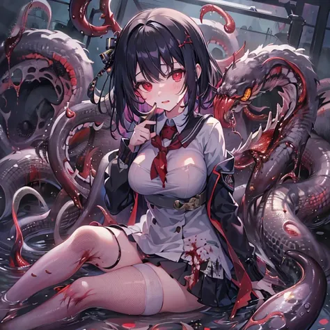 masterpiece, best quality, masterpiece,best quality,official art,extremely detailed CG unity 8k wallpaper, show foot, little girl, solo, kawaii, no_humans, medium hair, black hair, tentacle hair, saliva, blood on face, light blush, red eyes, blood from eye...