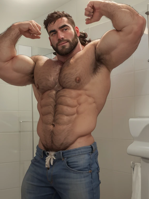 arafed man with hairy chest and arms in a bathroom, beefy, robust stocky body, hairy chest and hairy body, hairy chest, hairy bodies, hairy body, hairy torso, hairy arms, thick furry neck and chest fluff, furry chest, bare hairy chest, hairy shoulders, mas...