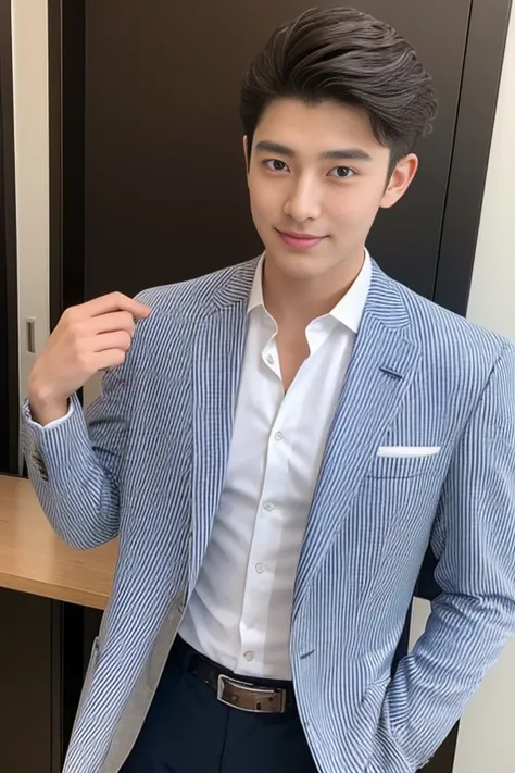 Fresh and handsome 20-year-old new employee、　（Super handsome guy in S-class suit）、　Japanese 20-year-old boy、　merchant、　ultra luxury suit、　striped suit、　office、　Stand up in a suitＳYoung handsome man、　Full body image、　（CG Unity 8K high-detail photos）、　（Very ...