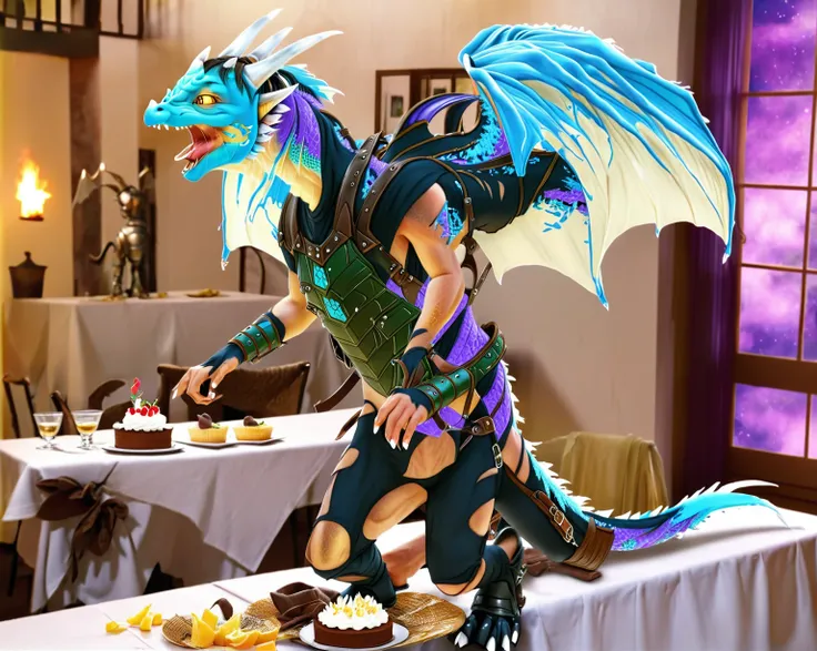 Ultra high resolution, best quality, masterpiece, (mid transformation:2), (full body:1.6), (a shrunken, terrified male adult human cake dragon hybrid, lying dazed and confused on the party table, crying and pleading while shrinking and undergoing a surreal...