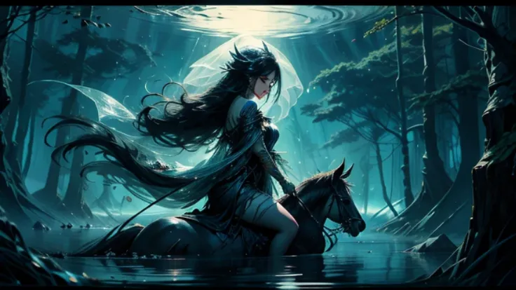 In the heart of a dark and mysterious night, where the unlimited imagination of fantasy comes to life, a fairy is gracefully riding a mythical beast on the surface of a vast and tranquil water body. The water flows with a shimmering, translucent veil, refl...