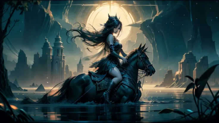 In the heart of a dark and mysterious night, where the unlimited imagination of fantasy comes to life, a fairy is gracefully riding a mythical beast on the surface of a vast and tranquil water body. The water flows with a shimmering, translucent veil, refl...