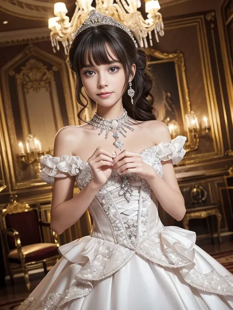 Dramatic composition, court-style dresses, royal, gorgeous, cascading frills, ruffles, bows, crystal chandeliers, Roman curly hairstyles, ponet, double ponytails like drills, look at the camera, bangs, maximalism, palatial background, delicate portrayal of...