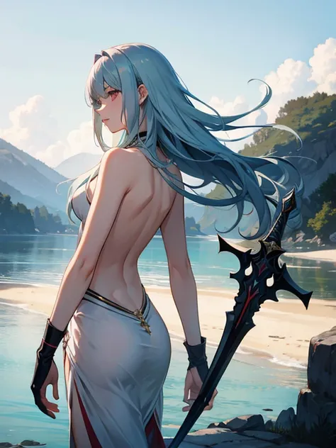 woman　slender　Fantasy　sword士　Light clothing　armor　sword　Blonde　 Silver Hair　 Red hair　 Green Hair　Blue Hair　Half naked　Backwards　Landscape　