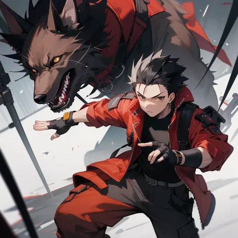 ((highest quality)), ((masterpiece)), (be familiar with), 1 male, alone, Black Hair,Spiky Hair,cargo pants,Red jacket,Black Shirt,Large size,Fingerless Gloves, cyber punk,SF,Mechanical Wolf