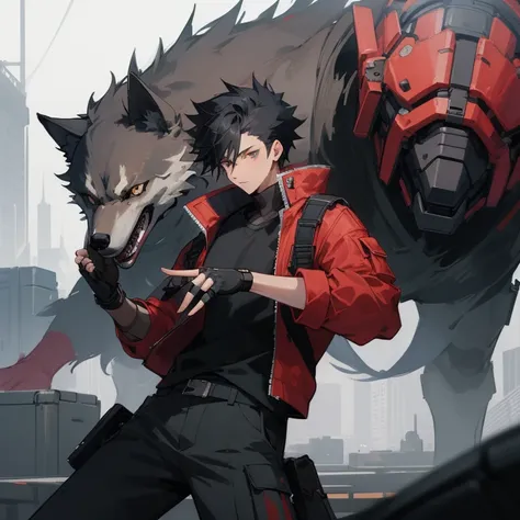 ((highest quality)), ((masterpiece)), (be familiar with), 1 male, alone, Black Hair,Spiky Hair,cargo pants,Red jacket,Black Shirt,Large size,Fingerless Gloves, cyber punk,SF,Mechanical Wolf