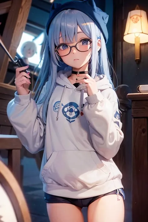 Yoga, Angelic French doll, stocky, light colored hoodie, in short pants, blue hair ,messy long hair, (anime: 1.2), Wear glasses, asymmetrical bangs, (masterpiece: 1.2), fortune teller