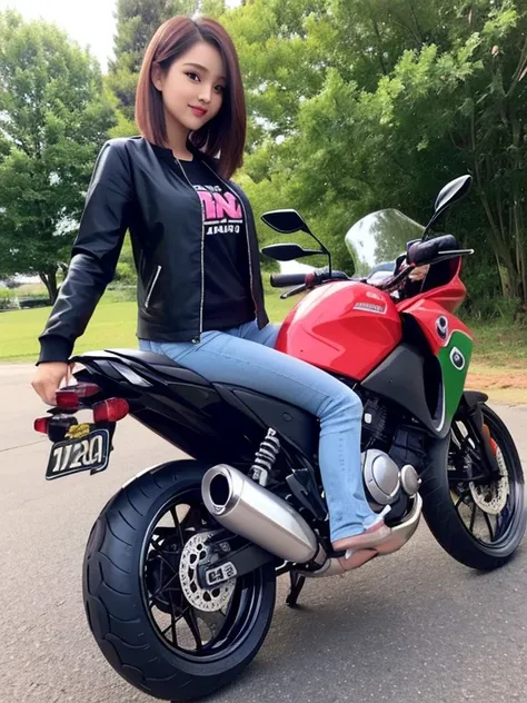 Gambar yang tajam dan jelas、Foto seorang wanita rambut panjang berwarna coklat, yang mengenakan jaket Retro white 、senyum、Mengendarai sepeda motor Kawasaki ninja yang dihias dengan rumit