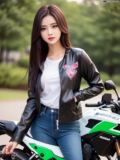 Gambar yang tajam dan jelas、Foto seorang wanita rambut panjang berwarna coklat, yang mengenakan jaket Retro white 、senyum、Mengendarai sepeda motor Kawasaki ninja yang dihias dengan rumit