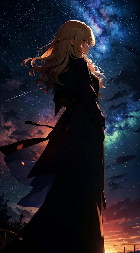 １people々々々,Blonde long hair，Long coat，silhouette， Rear View，Space Sky, milky way, Anime Style, Rose，Rose，night，辺り一面に舞うRoseの花びら，山腹から見た街のnight景，