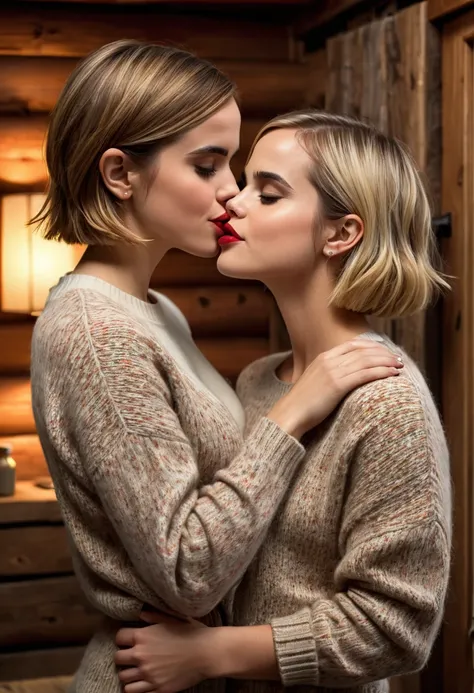 Two girls in a cabin in the woods, (2girls:1.1), dressed in knitted sweaters, (puckered lips, lips so close, almost kissing:1.3), (Emma Watson, brunette, bob_cut hair:1.2), (Madison Iseman, blonde hair, bob_cut hair:1.25), (skin texture:1.1), (high detail ...