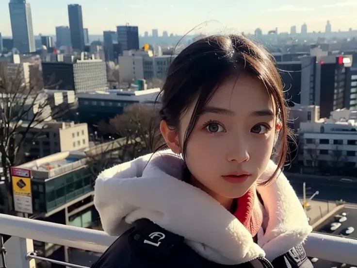 Realistic, 8k, Beautiful woman, Attractive look, Clear system, short hair, 20-year-old, Tokyo, winter, Shibuya in the background